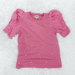 Pink Puff Sleeve Top with Pearl Accents
